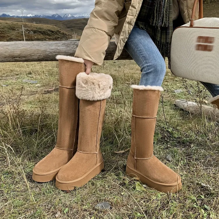 厚底雪地靴女2025冬季新款两穿长靴东北加绒加厚高筒棉靴保暖防滑