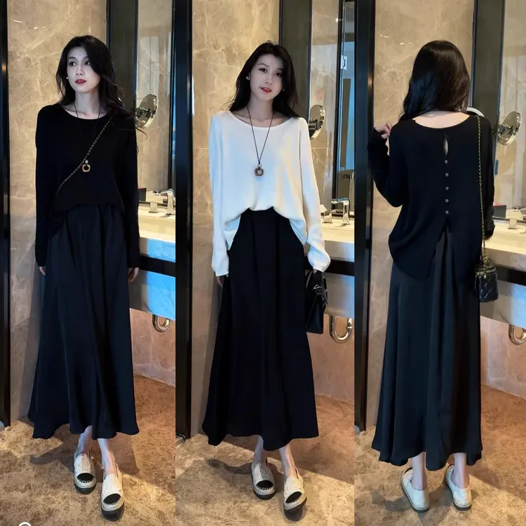 后背开叉纽扣设计显瘦针织上衣女+垂坠显瘦高腰半身裙两件套套装