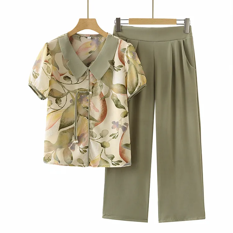 妈妈夏装套装洋气时尚2025新款50岁中老年人女短袖t恤雪纺两件套