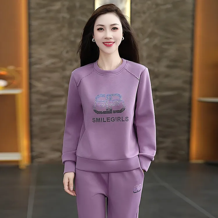 2025时髦潮流圆领长袖女装秋季新品韩版素色显瘦直筒裤两件套时尚