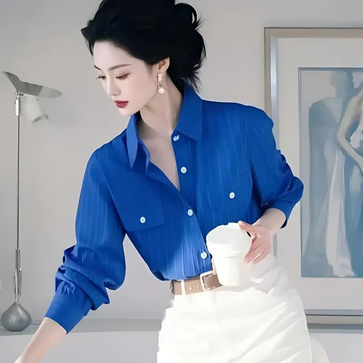 G512克莱因蓝polo领长袖衬衫女设计感衬衣小众别致超好看绝美上衣