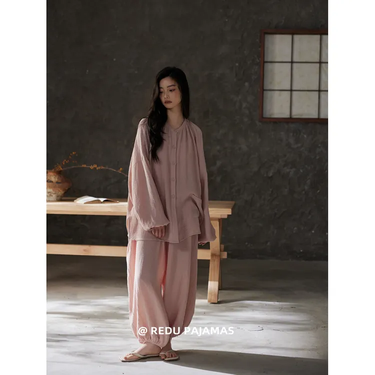 热妒睡衣女粉色春秋纯棉纱布婴儿棉带胸垫长袖长裤可外穿套装