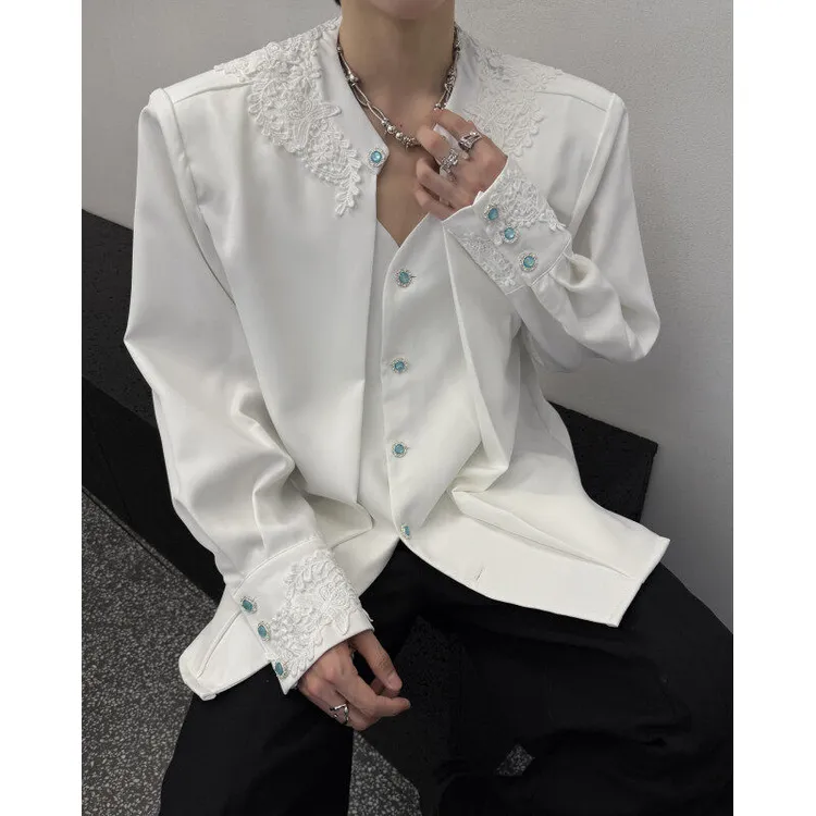 小众设计感【仓灵】原创领时尚百搭猫眼扣气质绣花白衬衣情侣款