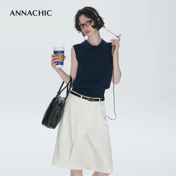 ANNACHICM1u系穿搭_学院风polo领无袖针织背心女夏季复古百搭上衣