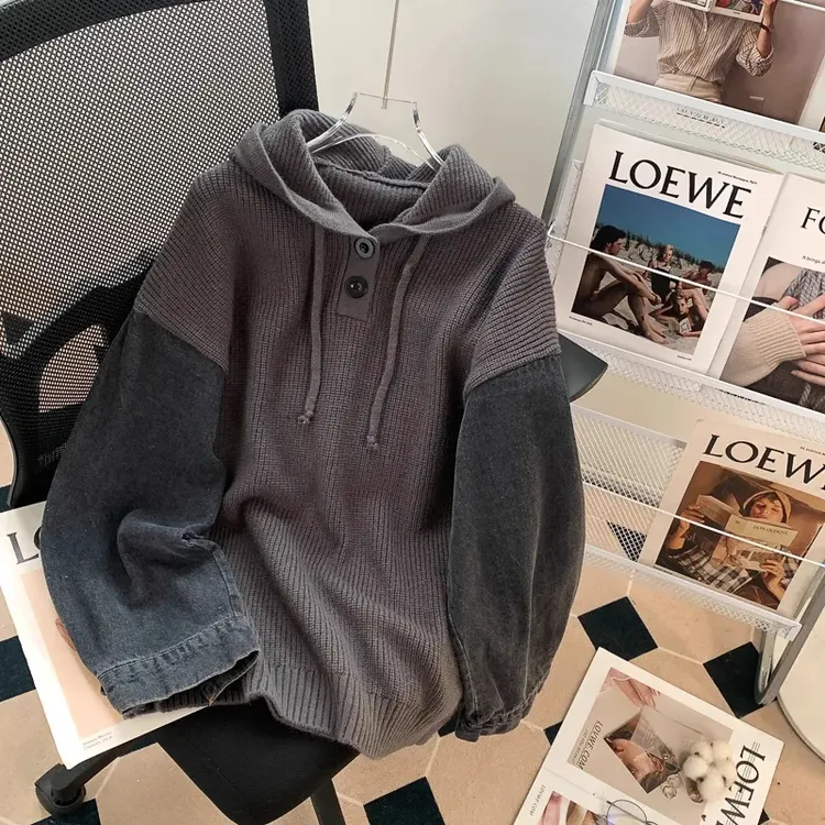 胖mm300斤慵懒风复古牛仔袖拼接连帽毛衣秋冬2025新款针织衫外套