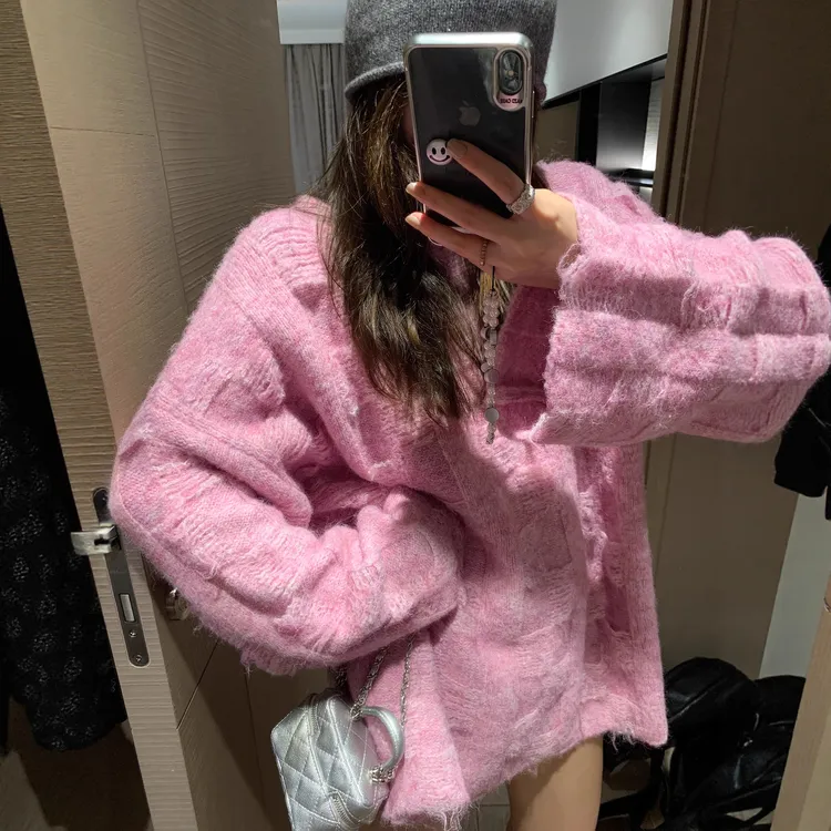 复古韩式慵懒风软糯暗格宽松毛衣女秋冬新设计感百搭保暖针织上衣