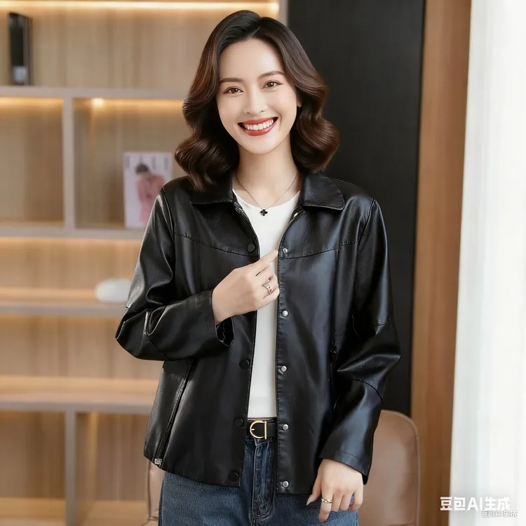 《精致女人专属》2025秋新款韩版休闲百搭海宁款软皮翻领皮衣外套