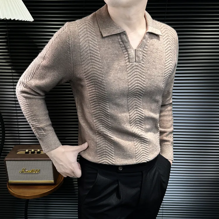 V领polo衫毛衣男款冬季新款老钱风男装提花条纹针织内搭打底衫男
