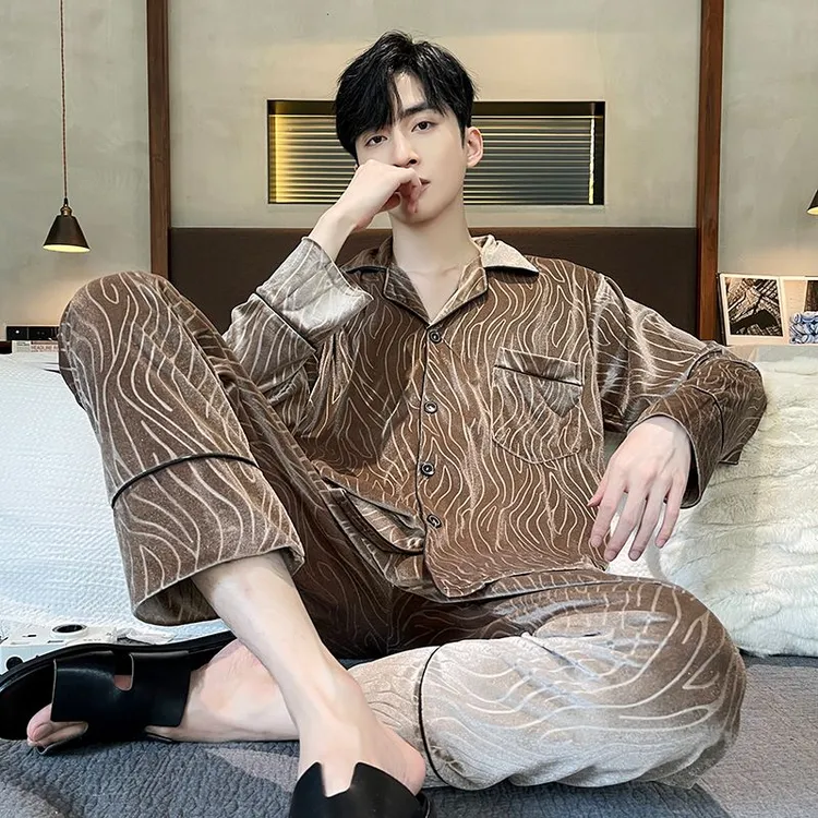 春季睡衣男金丝绒棕色树皮纹居家套装时尚男士长袖休闲春秋季夏季
