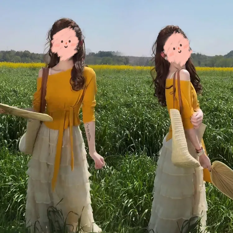 法式波点层次感a字半身裙女斜肩绑带T恤穿搭高腰显瘦蛋糕裙两件套
