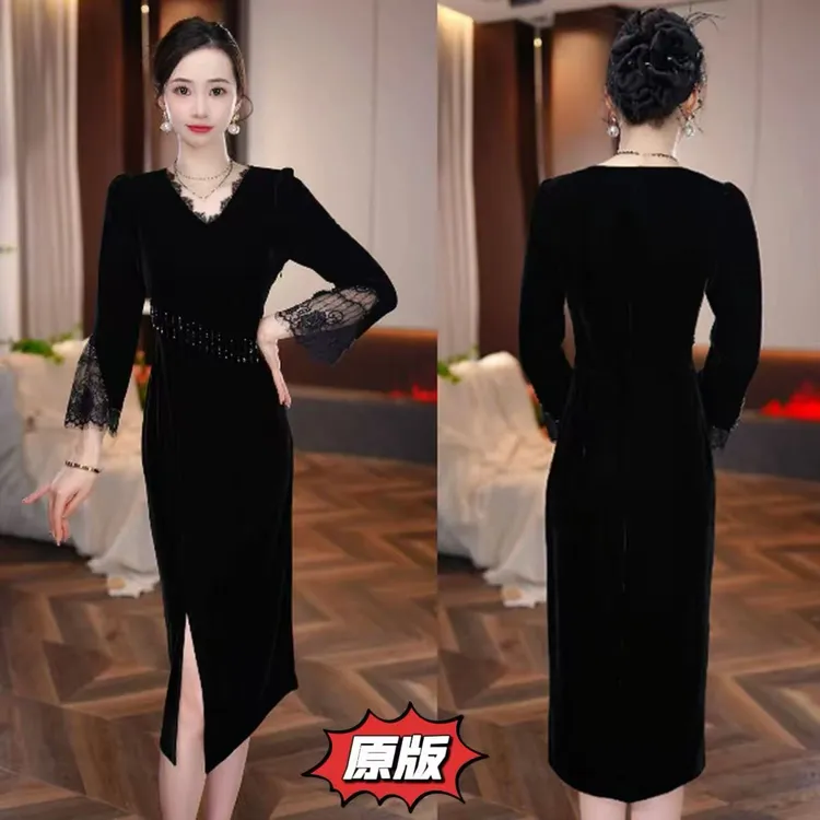 [黑色玫瑰】高档丝绒时尚连衣裙2025秋季新款显瘦洋气轻奢减龄裙子