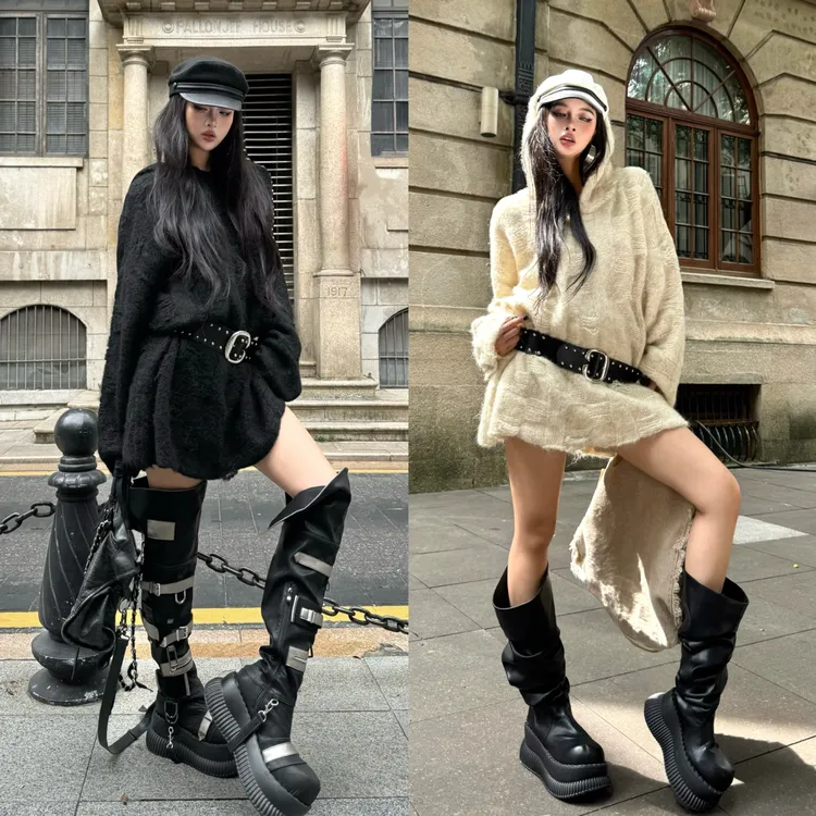 Blackgirl新款【极地恋人】立体编织做旧宽松休闲慵懒连帽长款毛衣