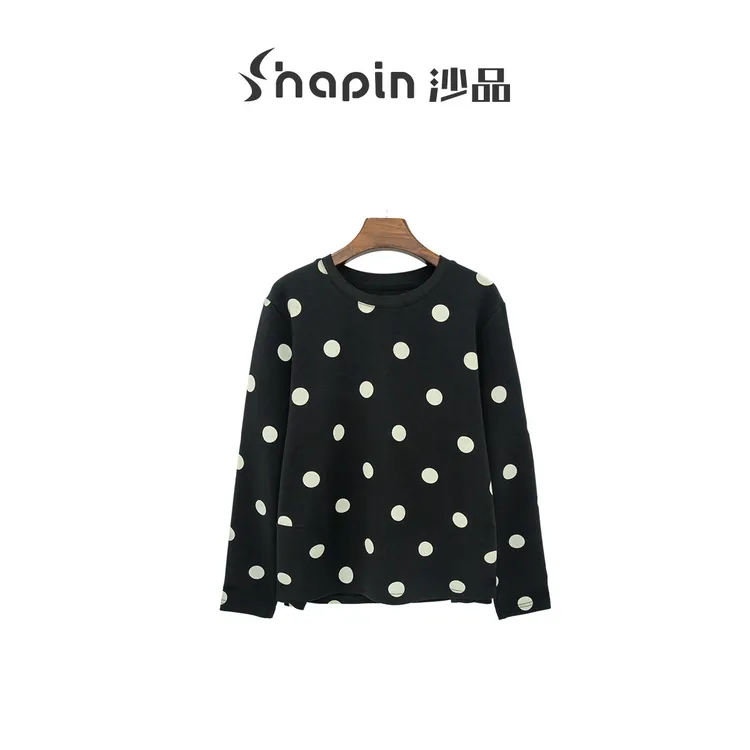 美式复古满印波点针织长袖T恤ZD581153