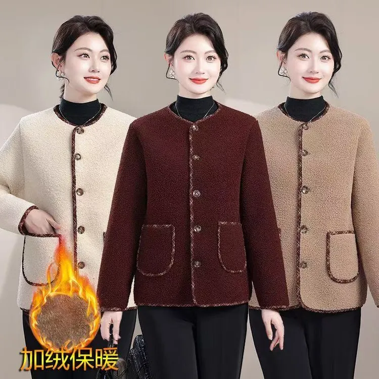 中老年妈妈装小香风花格子颗粒绒加绒棉衣洋气爆款气质