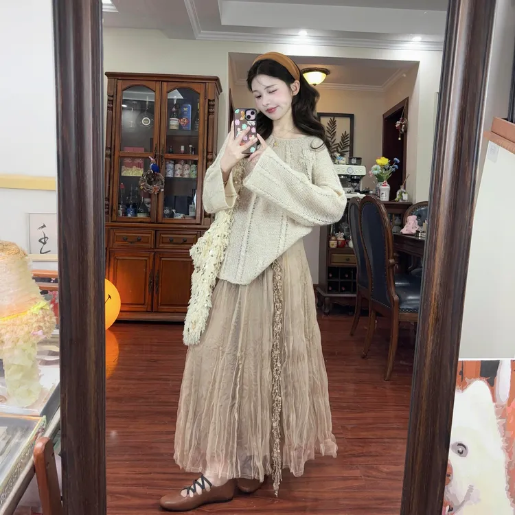 初秋装搭配一整套韩系高级感钩花毛衣镂空针织衫压褶半身裙套装女