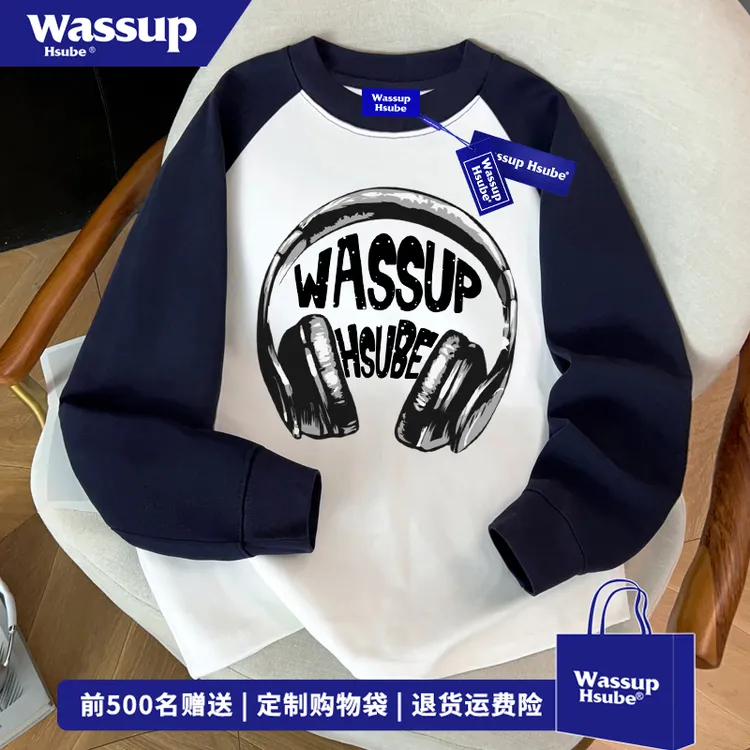 WASSUP HSUBE秋季新款潮酷耳机印花插肩上衣男欧美式百搭长袖T恤