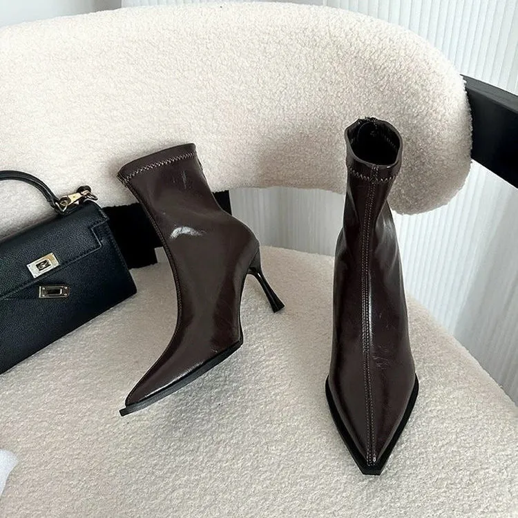 尖头高跟细跟拉链短靴女2025秋冬新款气质舒适皮靴百搭瘦瘦靴