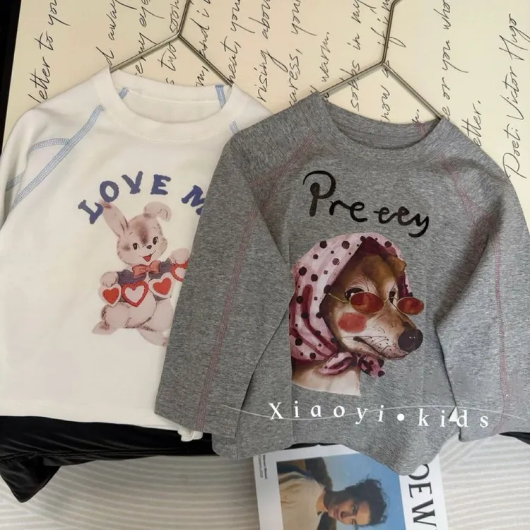 女童纯棉长袖2025春秋卡通百搭小狗小兔可爱休闲圆领打底衫上衣