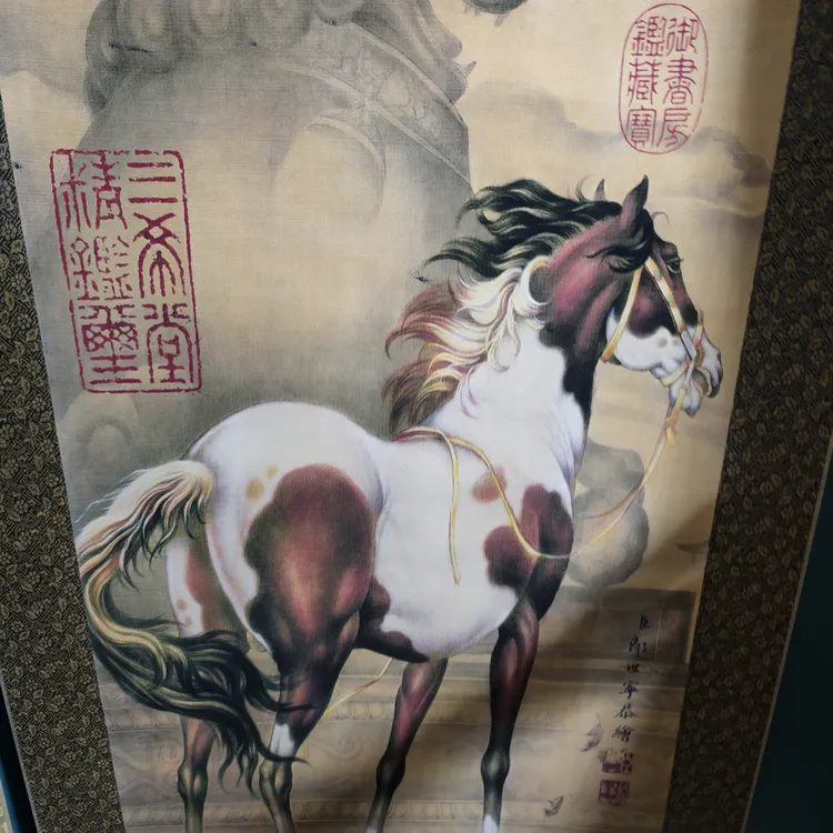 双马图工笔画心适合办公室卧室书房玄关客厅装饰挂画