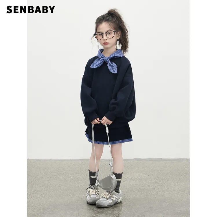 senbaby童装 女童秋季休闲套装韩版洋气领结卫衣+短裙两件套