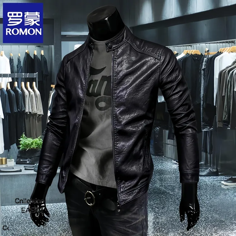 罗蒙新款海宁皮衣男士春秋韩版潮流商务休闲行政皮夹克飞行服外套