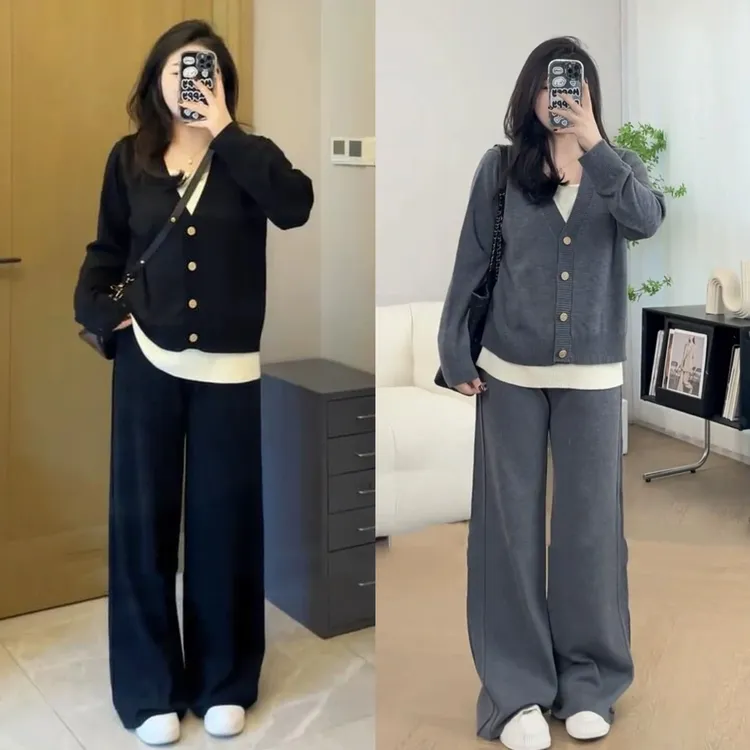 大码女装休闲运动套装春秋微胖mm显瘦遮肉针织毛衣阔腿裤两件套