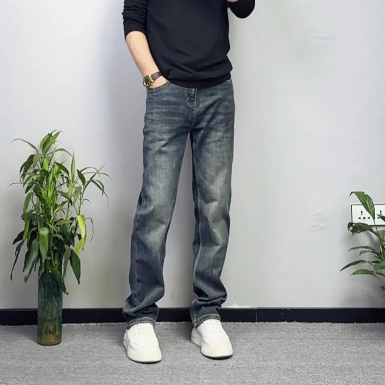 秋冬高端男士牛仔裤美式直筒宽松舒适潮流复古百搭时尚高街长裤子