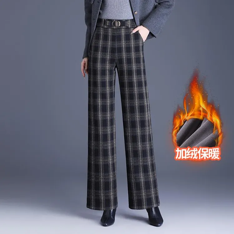 加绒格纹阔腿裤女秋冬2025新款高腰显瘦垂感羊毛呢直筒长裤休闲裤