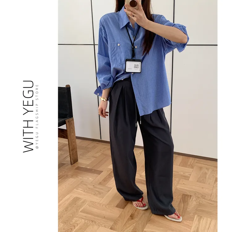 松弛感灰色西装裤女夏季薄款抽绳高腰窄版阔腿裤小个子防晒拖地裤