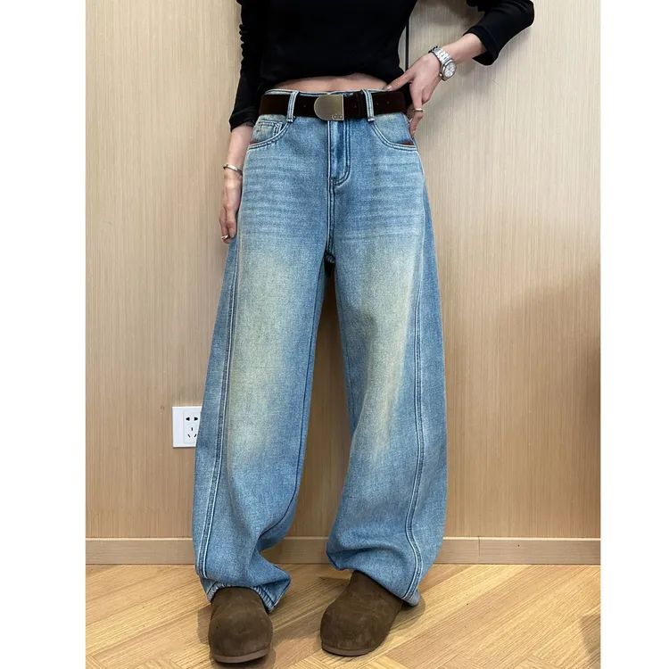 加绒牛仔裤冬新百搭宽松阔腿裤裤子高腰显瘦长裤夏季直筒