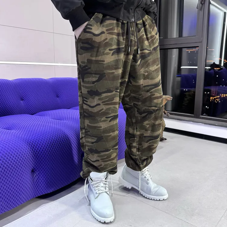 BXLT复古迷彩雷纹美式重磅宽松直筒裤抽绳收脚裤长裤男女同款卫裤