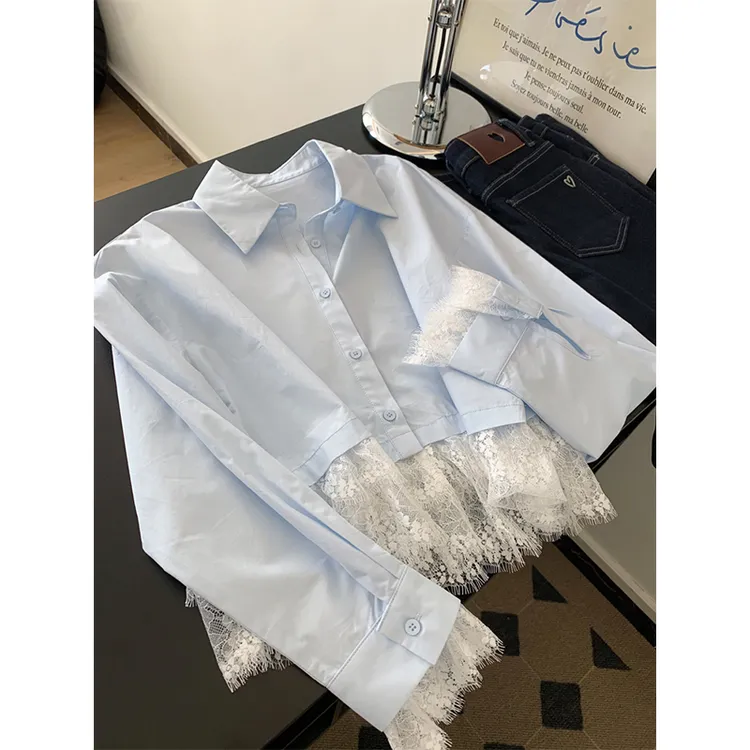 设计感polo领蓝色短款开衫上衣女2025新款小个子高级小众气质衬衫