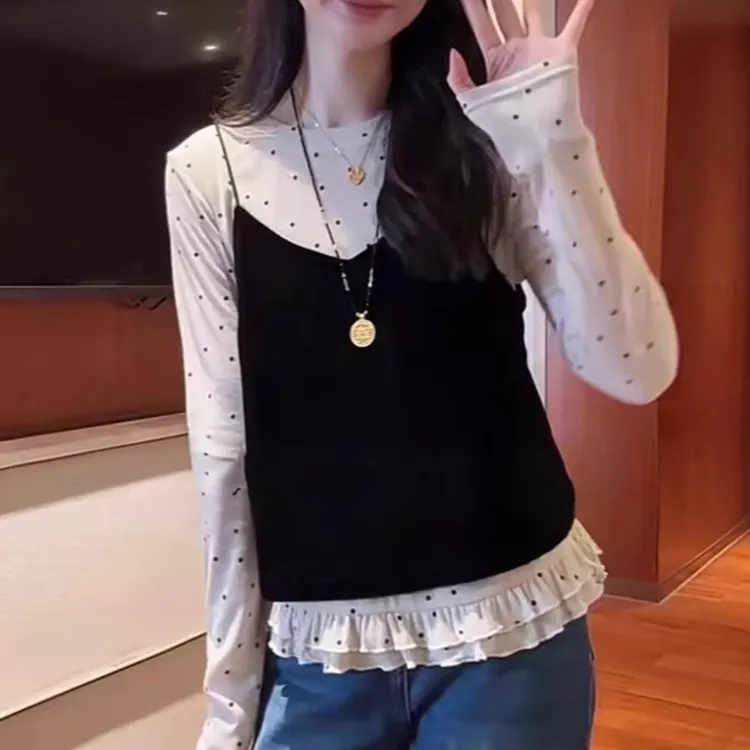 秋季法式气质波点圆领长袖打底衫T恤丝绒吊带洋气上衣两件套装女