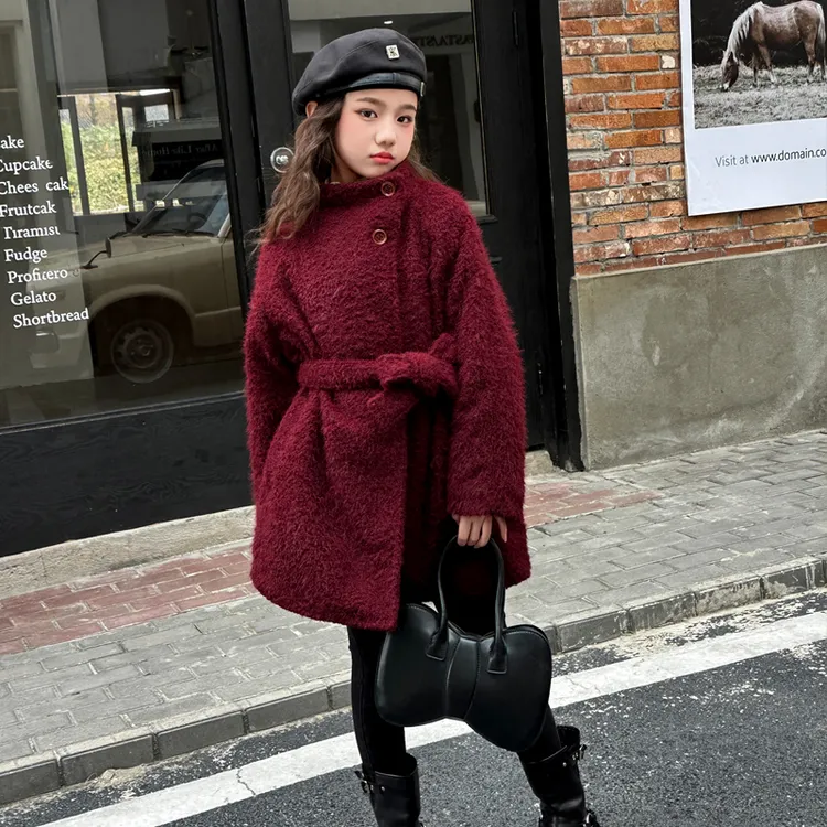 女童加厚呢大衣外套2024新款时髦冬装加厚小香风皮毛一体外套上衣