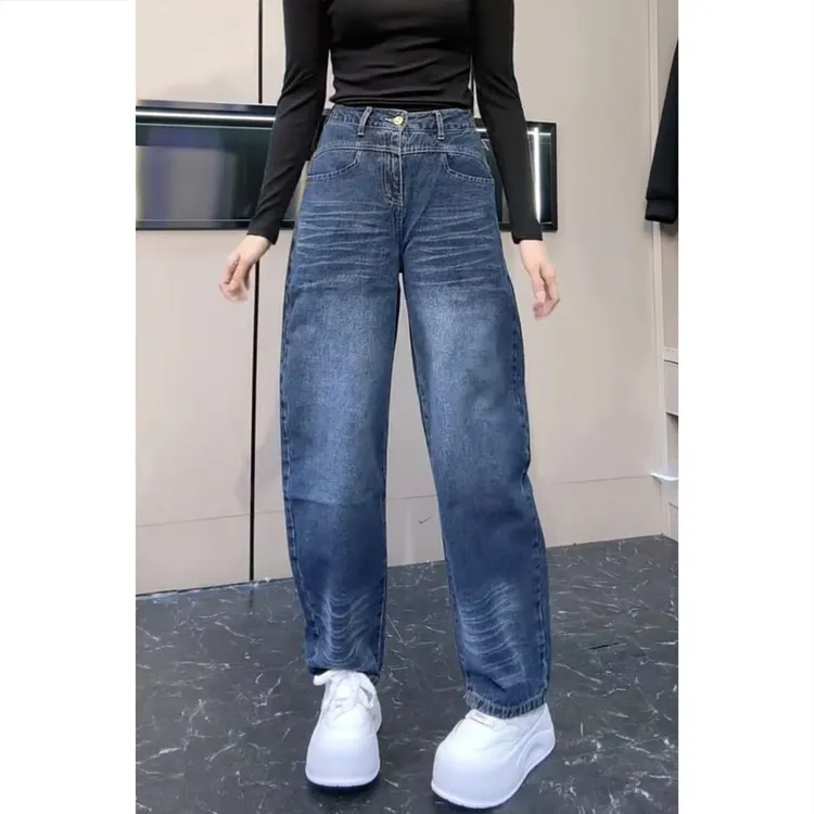 艾塔莉早秋高腰牛仔裤弯刀裤阔腿裤直筒裤女款通勤秋季牛仔裤显瘦