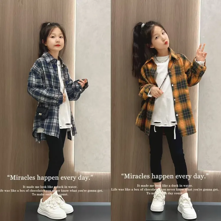 女童衬衫长袖夏季2025新款儿童上衣女孩大童早秋薄款格子衬衣外套