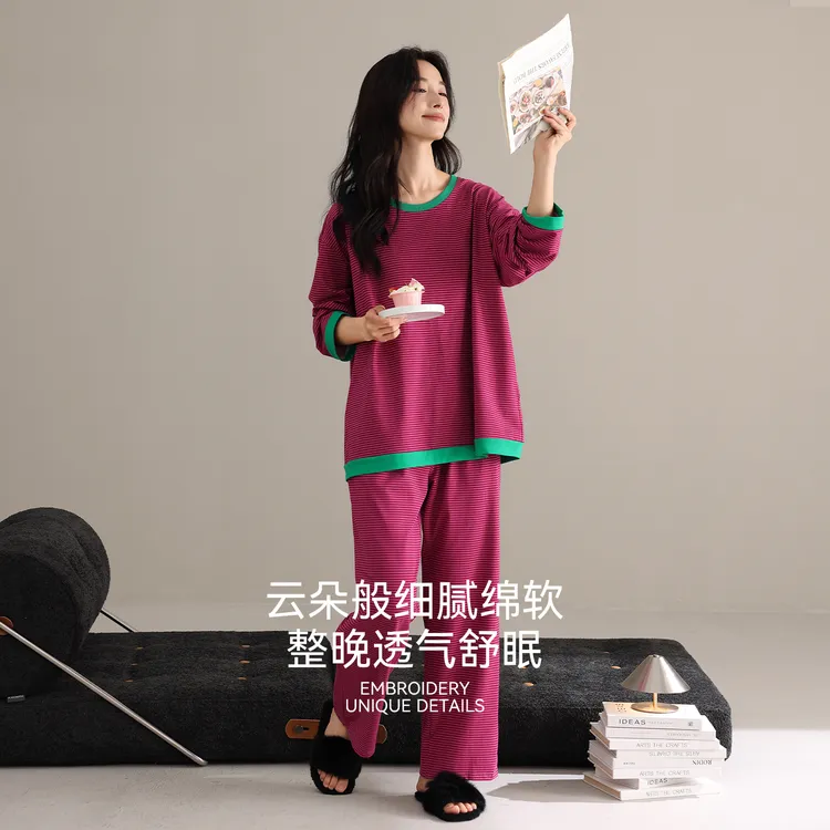 猫人睡衣女士春秋季纯棉长袖2025新款流行简约条纹全棉休闲秋家居