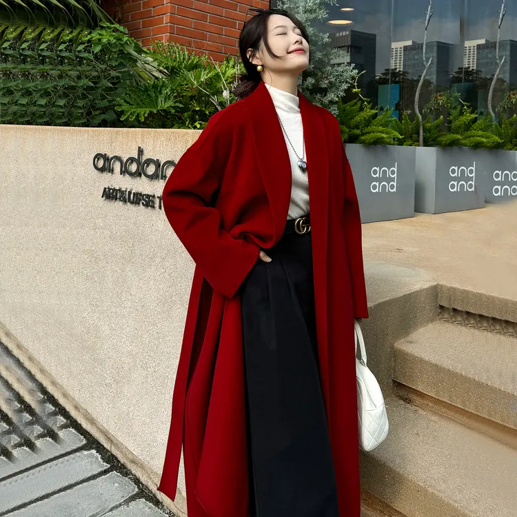 极简廓形红色本命年结婚双面呢大衣女中长款浴袍式气质呢子外套冬