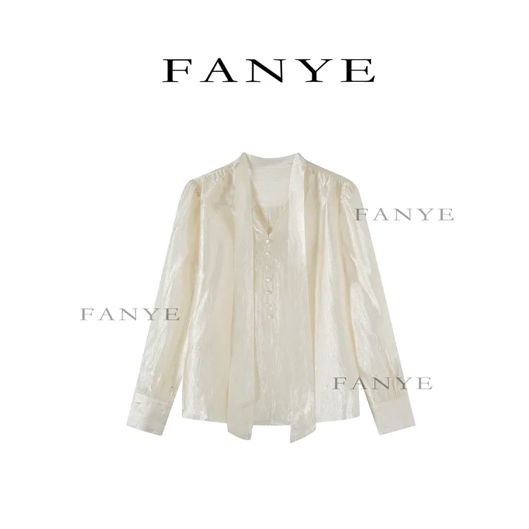 FANYE 2025新款轻奢法式V领挂脖飘带小衫24725