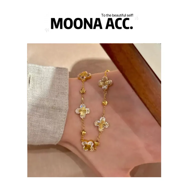 铜合金锆石手链 爆款百搭知秋四叶草手链女2025新款小众轻奢镭射