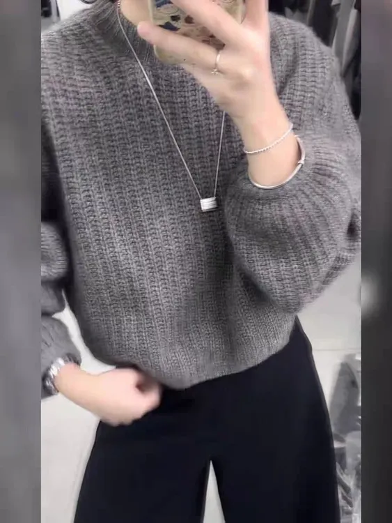 极简风气质灰色上衣秋季女装2025新款圆领针织衫高腰阔腿裤套装潮