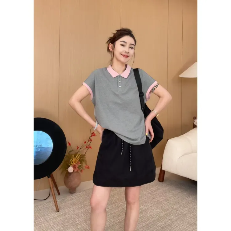 玖了个玖 2025夏新款宽松薄款polo衫设计感三粒扣上衣 2507C3869