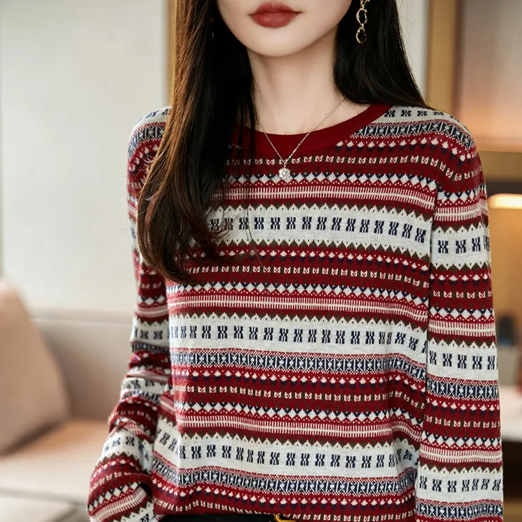 费尔岛提花圆领毛衣女宽松撞色条纹针织衫时尚减龄复古民族风上衣