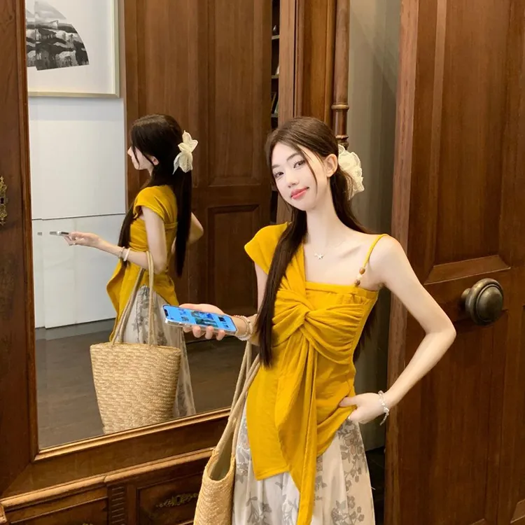 法式气质名媛风设计感不规则斜肩T恤女2025夏季新款时尚百搭上衣