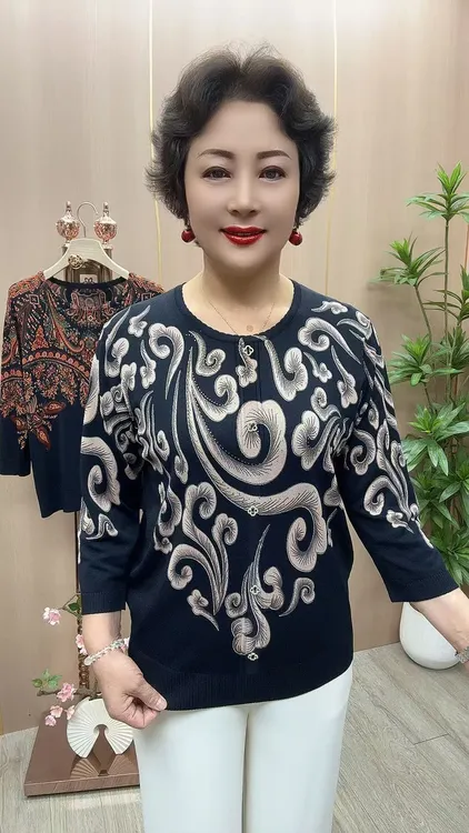 5S#3125上衣-8分袖 衣长63中老年女装 新款时尚印花针织衫 妈妈衫