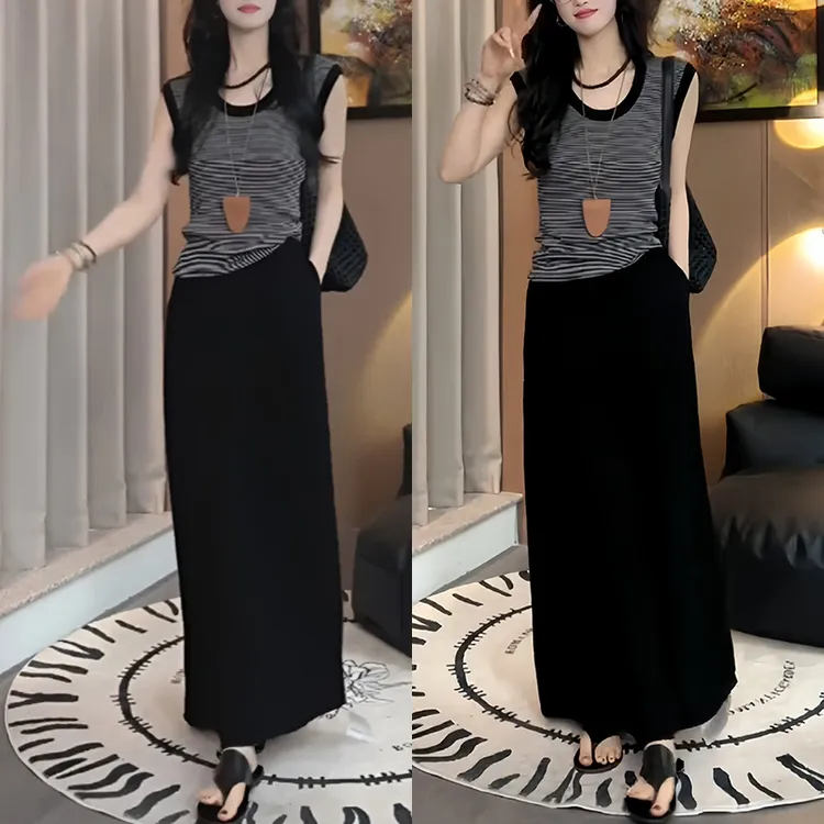 网红一整套穿搭女士2025年夏季条纹圆领无袖上衣纯色半身裙两件套