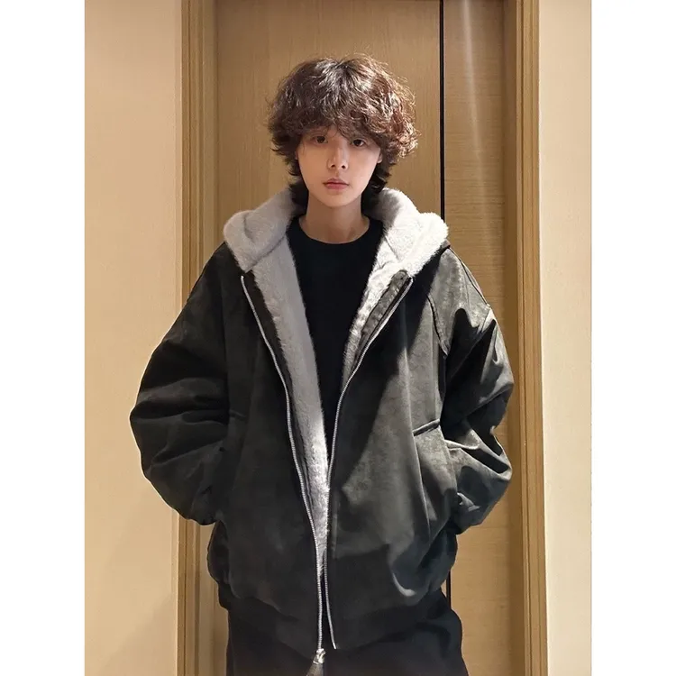 黑色pu皮连帽座山雕棉服外套男女冬季加绒加厚廓形高街棉衣夹克潮