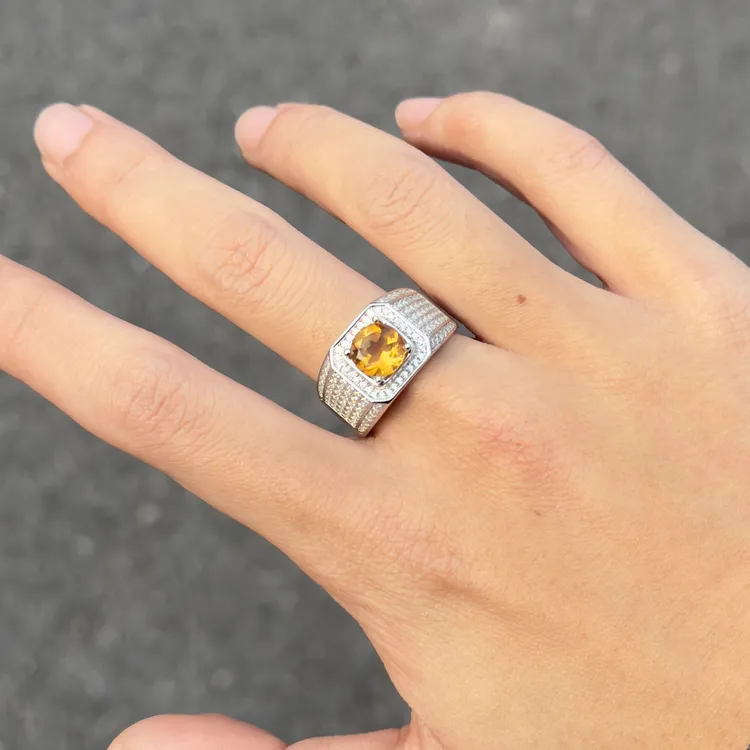 天然黄水晶大克拉[豪镶满天星]925银戒指珠宝送男友