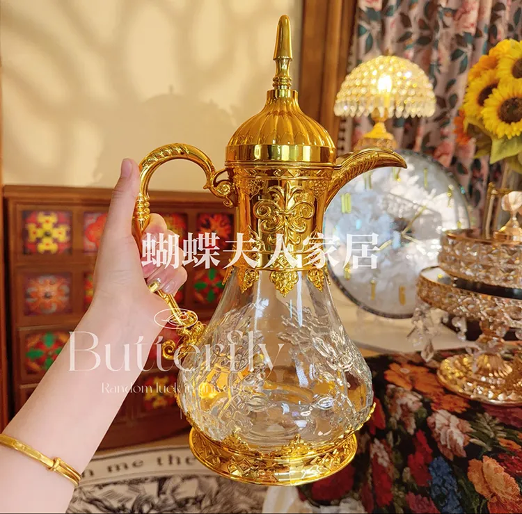 蝴蝶夫人高级简约复古玻璃冷水壶凉水壶欧式轻奢风家居装饰茶水壶镀金水壶