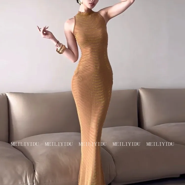 MLYD/定制大尺码名媛轻熟风性感无袖洋装女高级感气质包臀长裙子